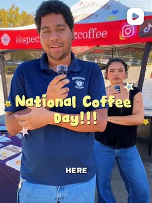 After: A video still: a team member with a microphone, National Coffee Day